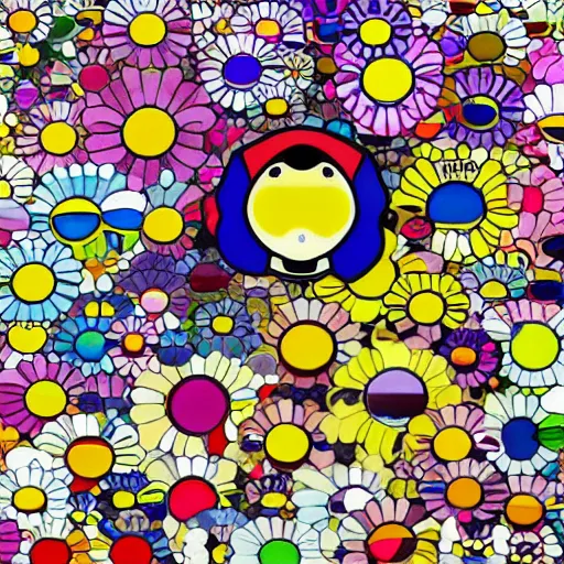 Image similar to silhouette of man's head exploding into flowers, bright colors, Takashi Murakami, Minimalist,