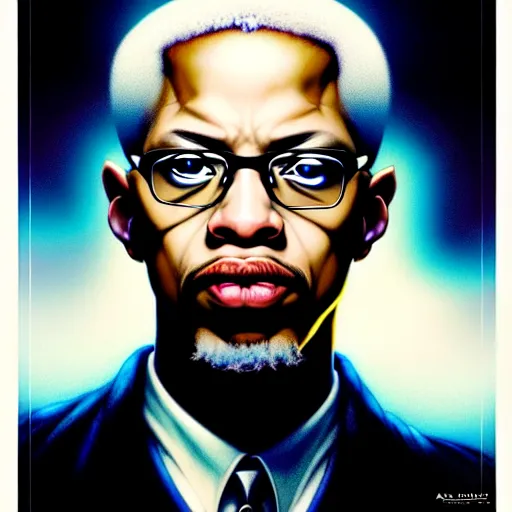 Prompt: uhd photorealistic portrait of albino malcom x, by amano, ayami kojima, greg rutkowski, lisa frank, mark brooks, and karol bak, masterpiece, cinematic composition, dramatic pose, studio lighting, correct face, hyperdetailed, intricate details