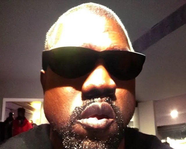 Image similar to my dad that looks like a poor version of Kanye West accidentally taking a selfie with the front camera lol, squinting because the camera flash is so bright in his face, viral, selfie, viral on twitter, viral on instagram, viral photo