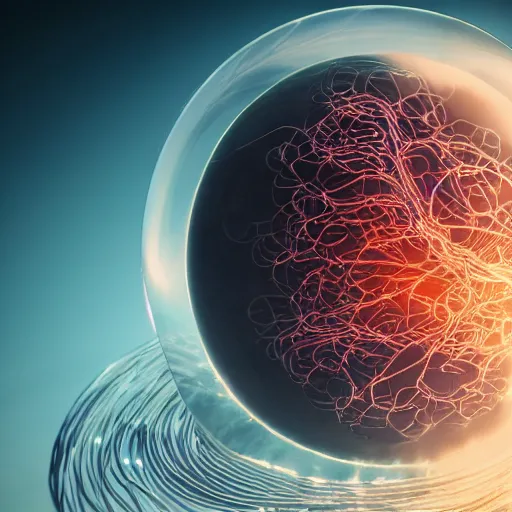 Prompt: cinematic, hyperdetailed beautiful stunning a human brain inside a round crystal ball with multiple wires attached, octane, fantasy art style