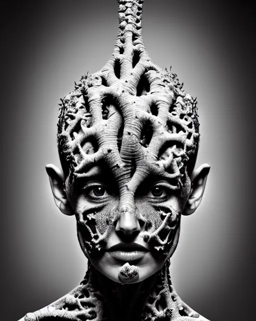 Image similar to a black and white high quality photo of a young beautiful female queen-vegetal-dragon-cyborg bust with a very long neck and Mandelbrot fractal face, Mandelbrot fractal skin, flesh, anatomical, facial muscles, veins, arteries, elegant, highly detailed, flesh highly baroque ornate, hair are wired cables, elegant, high fashion, rim light, octane render, in the style of Diane Arbus, Realistic, Refined, Digital Art, Highly Detailed, Cinematic Lighting, rim light, black and white, photo-realistic, 8K