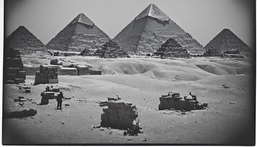 Prompt: Aliens! help building the pyramids! in Egypt, antique analog polaroid picture, Photography