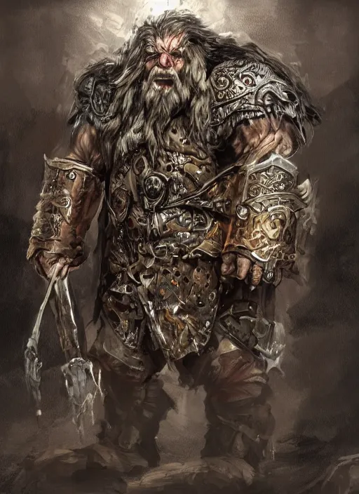 Prompt: a concept art of a angry dwarf from Disciples 2, heavy armor, intricate, detailed, award winning, fantasy, concept art for Disciples 2, insane amount of intricate details, insane original design looks like animal,