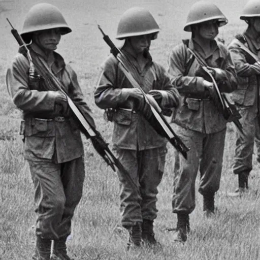 Prompt: a platoon of Vietnam era war kittens holding rifles.