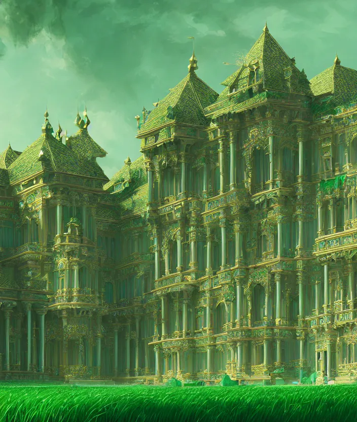 Image similar to a detailed digital painting of a palace made of gleaming emeralds, trending on artstation, digital art, 4 k resolution, detailed, beautiful render, octane render, high quality, sharp focus, hq artwork, coherent, insane detail, concept art