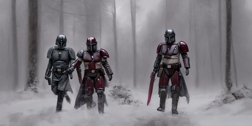 Prompt: a mandalorian with a red and grey helmet facing a long dark haired jedi man, from side view close up, in a snowy forest setting, hard edges concept art, highly detailed, great cinematic lighting, depth of field, art by greg rutkowski, trending on artstation