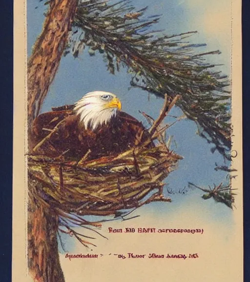 Prompt: tattered postcard of 'an eagle in the nest of a snowy pine tree', long shot, on table