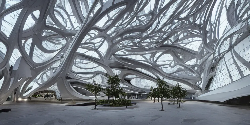 Image similar to extremely detailed ornate stunning beautiful elegant futuristic museum exterior by Zaha Hadid