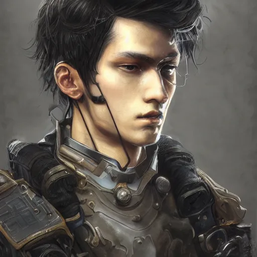 Prompt: portrait of a man by ayami kojima, black, he is about 2 0 years old, short black hair, annoyed older brother vibes, he is wearing a steampunk tactical gear, highly detailed portrait, digital painting, artstation, concept art, smooth, sharp foccus ilustration, artstation hq