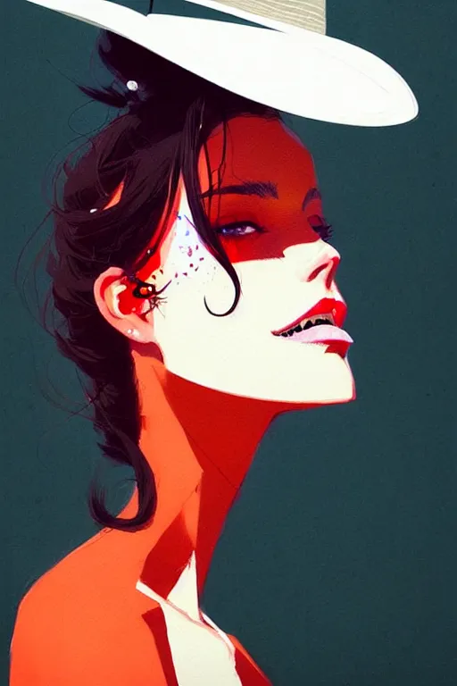 Prompt: a ultradetailed beautiful painting of a stylish woman wearing a cowboy hat and smirking by conrad roset, greg rutkowski and makoto shinkai trending on artstation