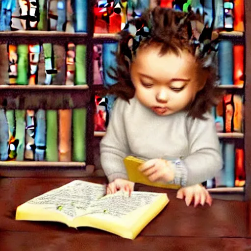 Prompt: a cute adorable phoenix fledgling learning to read in a library #Realism