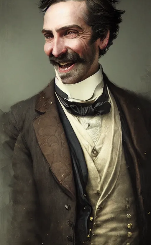 Prompt: portrait of a smiling victorian man wearing a waistcoat, happy, detailed face, victorian, highly detailed, cinematic lighting, digital art painting by greg rutkowski