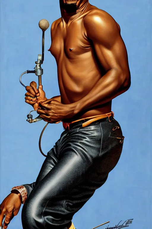 Image similar to jamie foxx by gil elvgren and norman rockwell and rob gonsalves and hajime sorayama, hyperrealistic, high detail, ultra detailed, highly detailed face, ruffled fabric