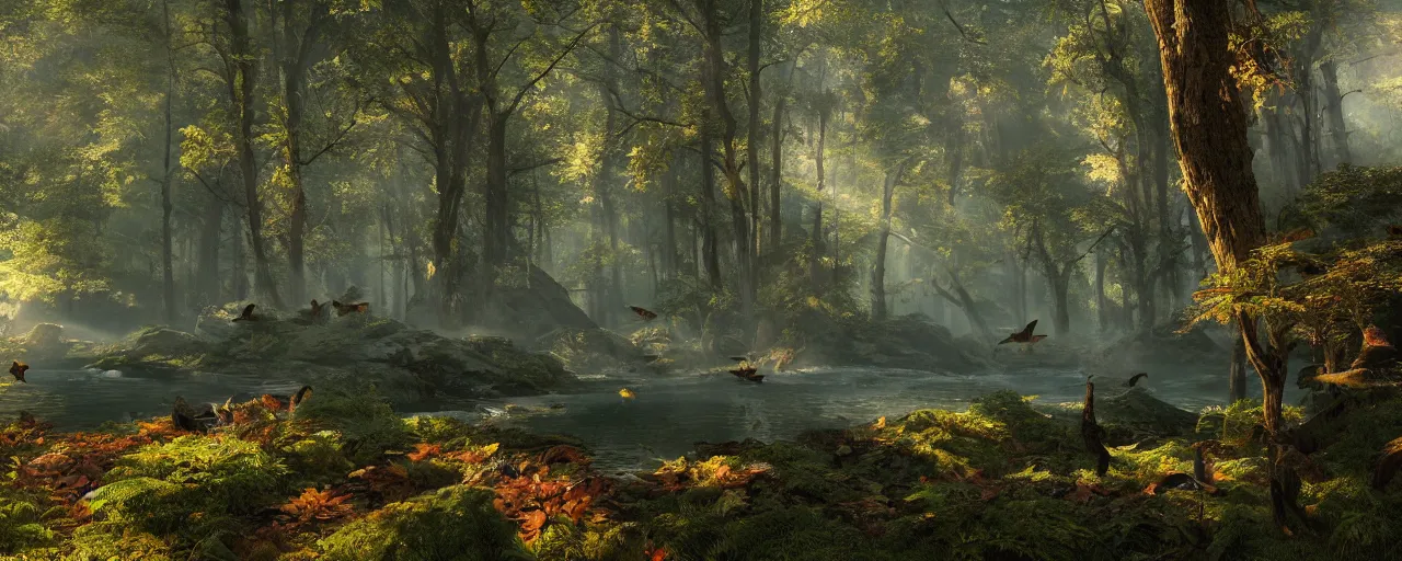 Prompt: birds flying in the forrest, beautiful dynamic lighting, cinematic, wide angle establishing shot, extremely high detail, photo realistic, cinematic lighting, post processed, concept art, artstation, matte painting, style by frederic church, raphael lacoste, unreal engine 8 k