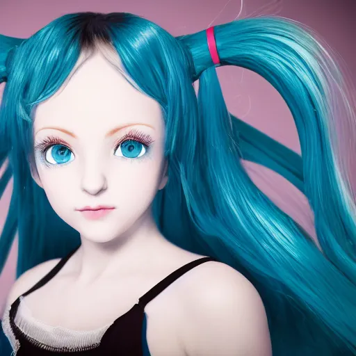 Image similar to a portrait of the young lady hatsune miku of the house lancaster, blue eyes, blue hair, porcelain skin, national portrait gallery