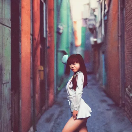 Prompt: a perfect 8K HD professional photo of close-up japanese schoolgirl posing in sci-fi dystopian alleyway, at instagram, Behance, Adobe Lightroom, taken with polaroid kodak portra