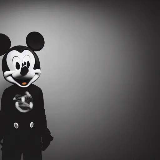 Image similar to studio photography of a psychologically scary Mickey Mouse grinning, backlighting, dark ambient