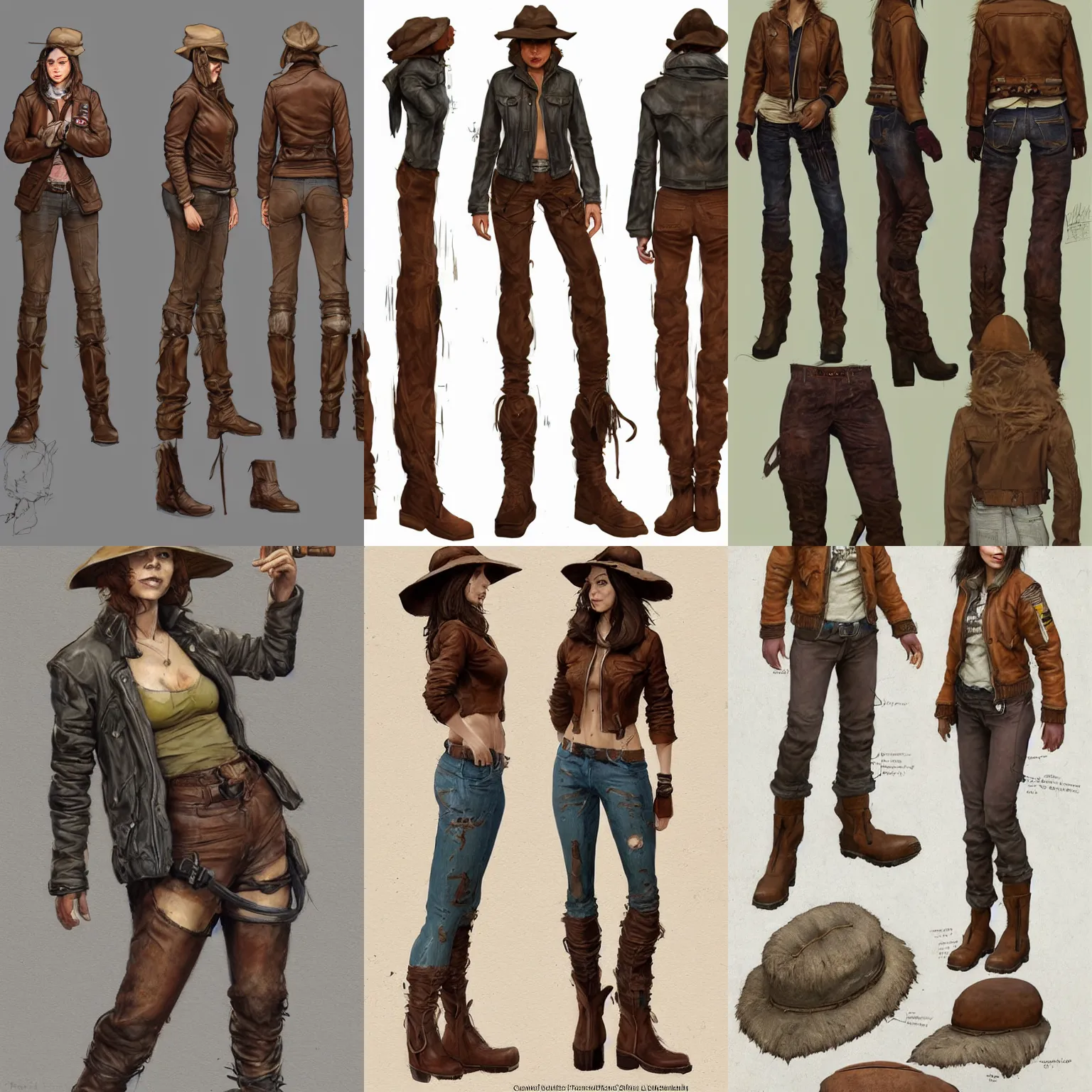 Prompt: character design, reference sheet, 40's adventurer, female, optimistic, stained dirty clothing, straw hat, heavy boots,, dusty brown bomber leather jacket, detailed, concept art, photorealistic, hyperdetailed, art by Frank Frazetta