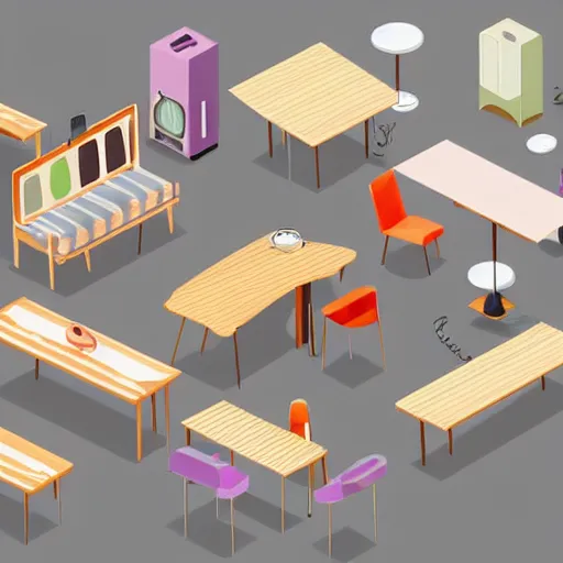 Image similar to isometric cartoon of funky recreational cannabis cafe area, coffee machine, aluminum sheen, wooden furniture, people drinking coffee and smoking cannabis, tables and chairs, by benoit mandelbrot, low poly cute minimal interior design concept art illustrated by anni albers