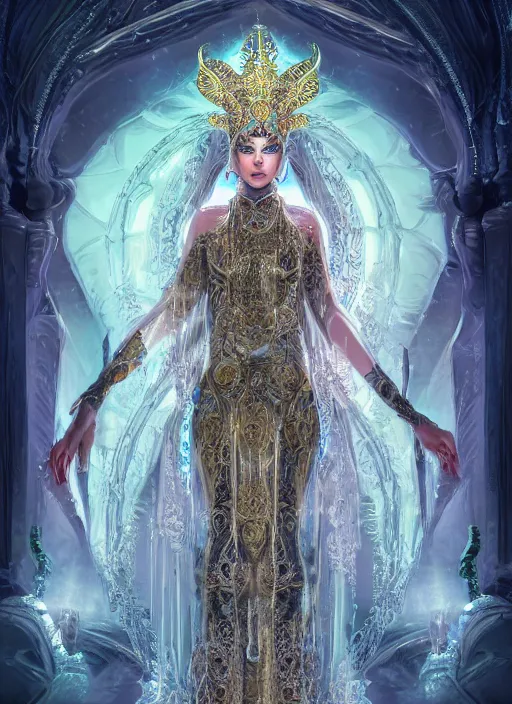 Image similar to beautiful full body concept art, photorealistic symmetrical beautiful face, female priestess with shiny hair wearing full intricate clothing standing in a slimy temple, godray, intricate lighting, micro detail, cg society