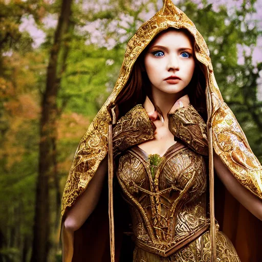 Prompt: beautiful elf princess with ornate cloak, highly detailed, 4k, HDR, smooth, sharp focus, hyper realistic, high resolution, award-winning photo