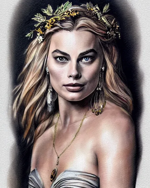 Image similar to realism tattoo sketch of margot robbie as a beautiful greek goddess aphrodite with piercing eyes wearing a laurel wreath and triangle earrings, in the style of greg rutkowski, amazing detail