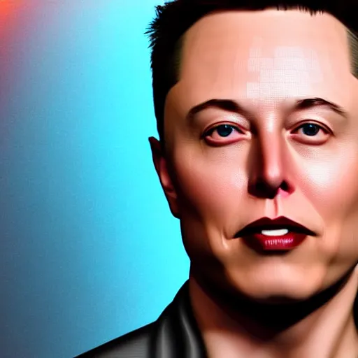 Prompt: 3d render of Elon Musk as a holographic human robotic head made of glossy iridescent, surrealistic 3d illustration of a human face non-binary, non binary model, 3d model human, cryengine, made of holographic texture, holographic material, holographic rainbow, concept of cyborg and artificial intelligence