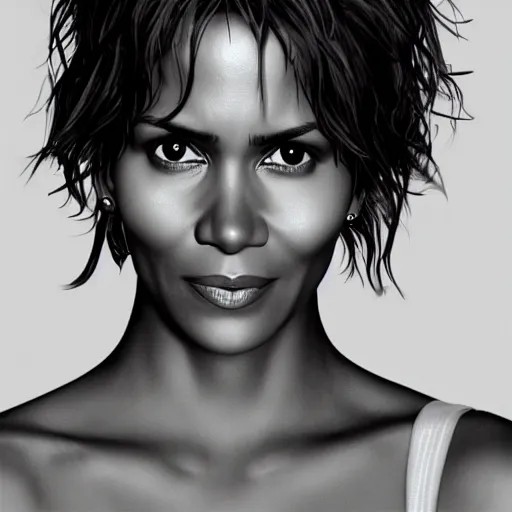 Prompt: photorealistic halle berry. hyperdetailed photorealism, 1 0 8 megapixels, river, amazing depth, glowing rich colors, powerful imagery, psychedelic overtones, 3 d finalrender, 3 d shading, cinematic lighting, artstation concept art