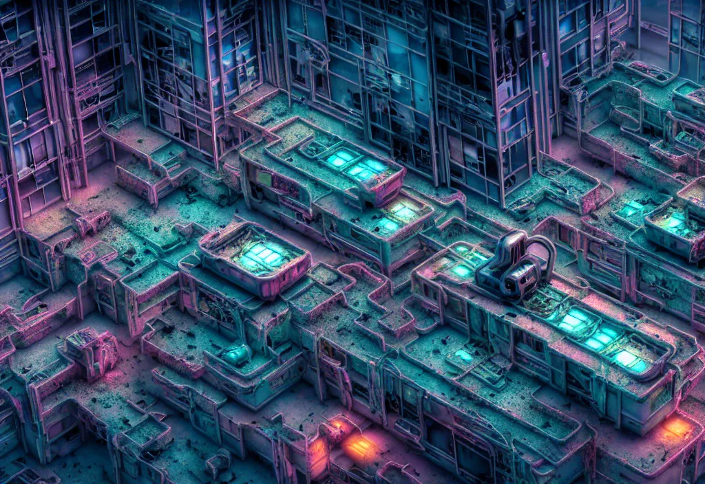 Image similar to A highly detailed crisp unreal engine render of aerial drone photo of A beautiful futuristic cyberpunk abandoned city building with neon fine lights, plants allover , godray, sunlight breaking through clouds, clouds, debris on the ground, abandoned machines bright colors, isometric, nitid horizon, factory by wangchen-cg, 王琛,Neil blevins, artstation, Gediminas Pranckevicius