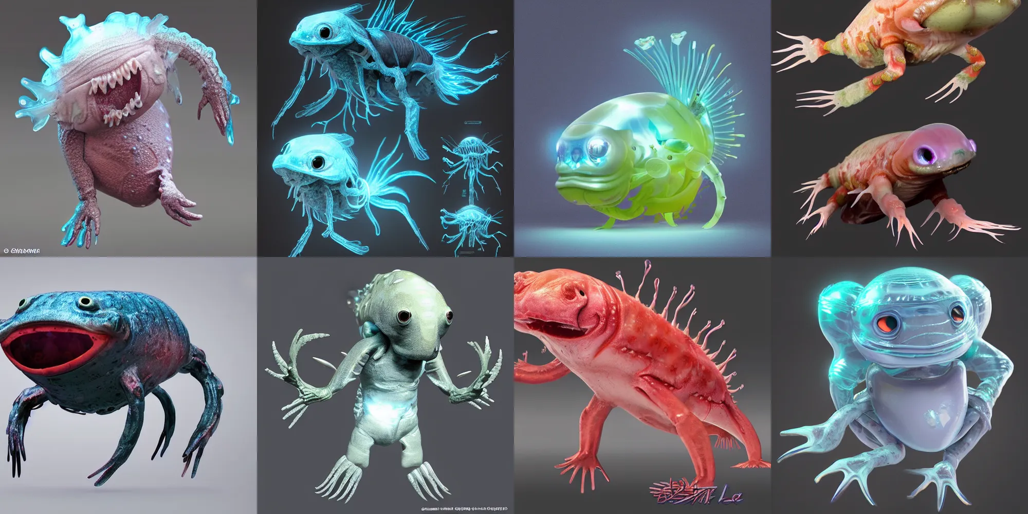 Prompt: cute! biomechanical axolotl, parasite, ghost shrimp, Barreleye fish, translucent SSS xray, Barreleye, rimlight, jelly fish dancing, fighting, bioluminescent screaming pictoplasma characterdesign toydesign toy monster creature, zbrush, octane, hardsurface modelling, artstation, cg society, by greg rutkowksi, by Eddie Mendoza, by Peter mohrbacher, by tooth wu, 8k, cyberpunk