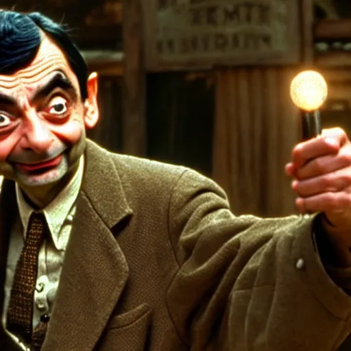 Image similar to mr. bean as the towns drunk from any western movie. movie still. cinematic lighting.