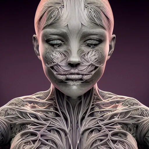 Prompt: beatifull frontal face portrait of a woman, 150mm, anatomical, flesh, flowers, mandelbrot fractal, facial muscles, veins, arteries, symmetric, intricate, elegant, highly detailed, ornate, ornament, sculpture, elegant , luxury, beautifully lit, ray trace, octane render in the style of peter Gric and alex grey