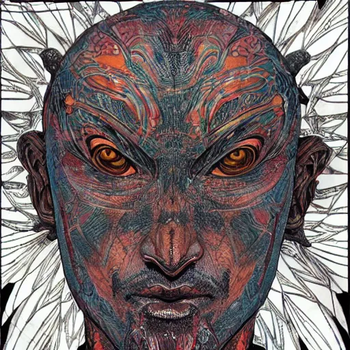 Prompt: 4K headshot of godlike Alien with defined arms and open hands and bloody clothes with giant mandala wings , intricate face , flawless anime cel animation by Kentaro Miura, psychedelic , highly detailed upper body , professionally post-processed , beautiful, scary, symmetry accurate features, epic, octane rendered, anime masterpiece, accurate by Craig Mullins, ilya kuvshinov, krenz cushart, epic , artgerm trending on artstation by Edward Hopper and Dan Mumford and WLOP and Rutkovsky, beksinski carl spitzweg moebius and tuomas kocar, intricate artwork by caravaggio, Unreal Engine 5, Lumen, Nanite