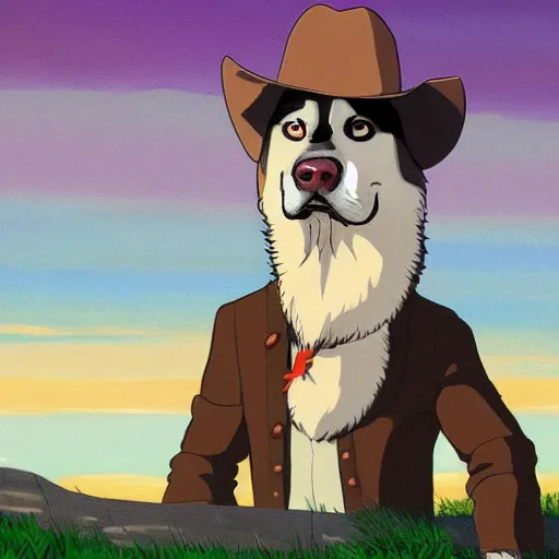 Image similar to a portrait painting of a husky in cowboy costume, wearing a cowboy hat, by [ studio ghibli ], in the style of anime, trending on artstation