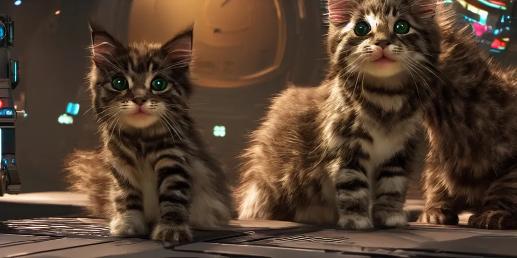 Image similar to a d rendered movie still a cute robotic kitten with rgb ambient lighting implants. the robot maine coon kitten. in the background is a cyberpunk cat tree with rgb dramatic lighting. science fiction blockbuster movie from the future, imax 7 0 mm. style of mandalorian ( american space western television series )