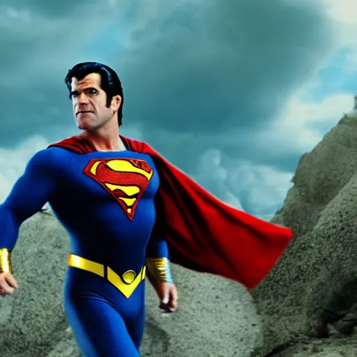 Image similar to Mel Gibson as superman, movie still, 4K, high quality