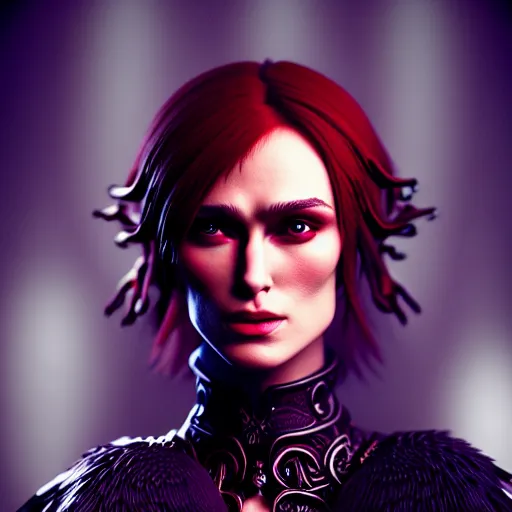 Image similar to beautiful female mage with red hair, keira knightley, black clothing, dark feathered wings, intricate, highly detailed face, trending on artstation, dramatic lighting, 4 k