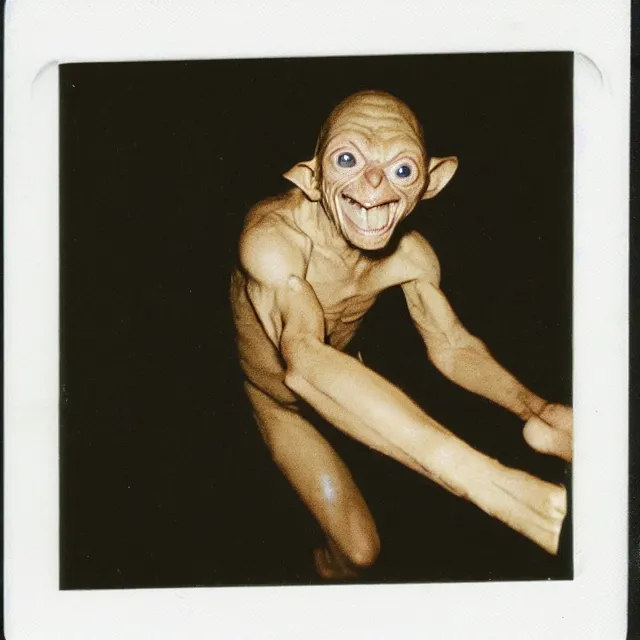 Prompt: a found polaroid photograph of gollum at night