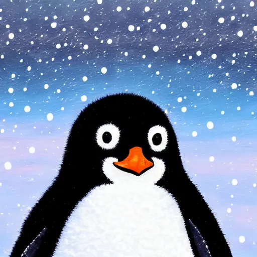 Prompt: cute fluffy happy baby penguin playing in snowy winter christmas landscape detailed painting 4K