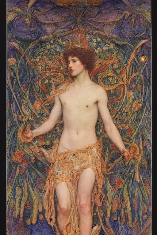 Image similar to coronation of the flower prince, by Annie Swynnerton and jean delville, embroidered brocade, tattoos, elaborate costume, geometric ornament, symbolist, rich colors, dramatic lighting, smooth, sharp focus, extremely detailed