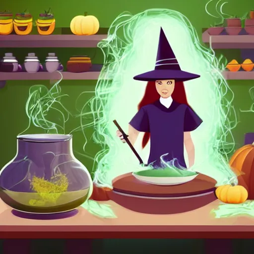 Image similar to teen witch mixing a spell in a cauldron, an owl is standing on the table, a cat is on the table, wispy smoke fills the air, a witch hat, cinematic, green glowing smoke is coming out of the cauldron, ingredients on the table, unorganized apothecary shelves in the background, kids halloween costume