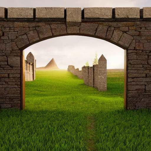Prompt: grassy plains divided by huge medieval wall, wooden door, snow mountains at horizon, trending on artstation, digital art