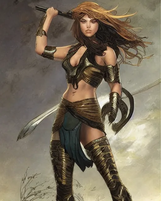 Prompt: a beautiful and strong female warrior by Ross Tran and Jules Bastien-Lepage and Laura Sava