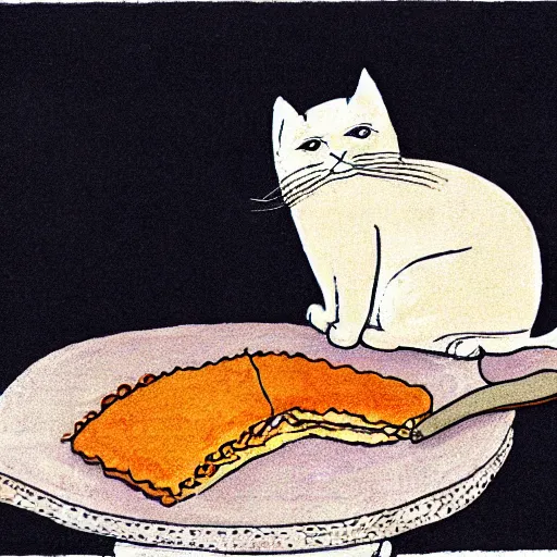 Prompt: fat orange cat on a table with lasagna by maurice sendak