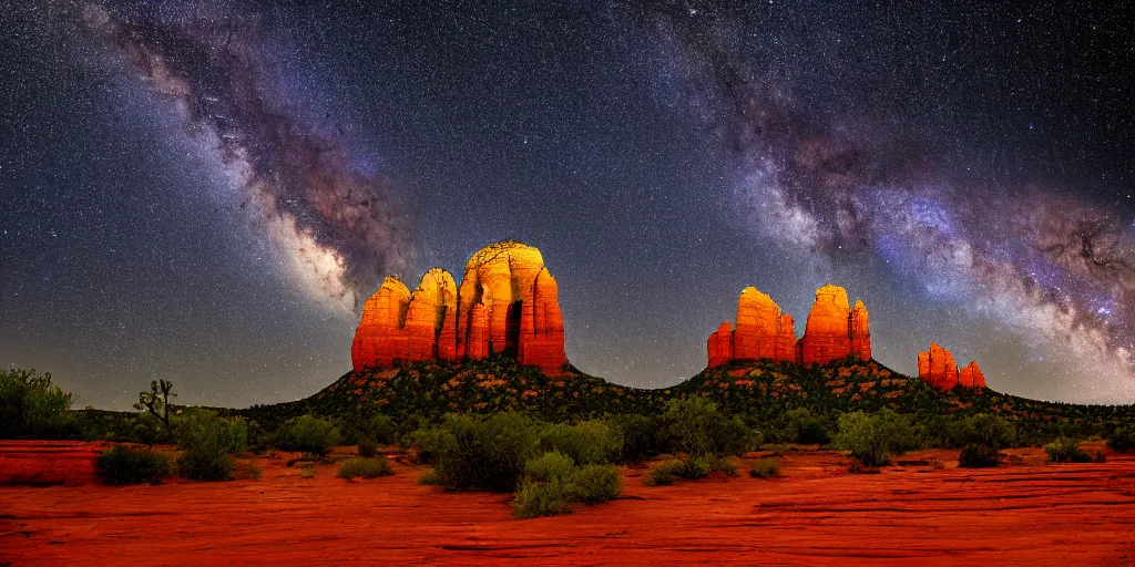 Image similar to long distance shot, sedona's cathedral rock bluff, night, milky way, intricate lines, elegant, extreme detail, sharp focus, photo realistic, ultra realistic, photographic