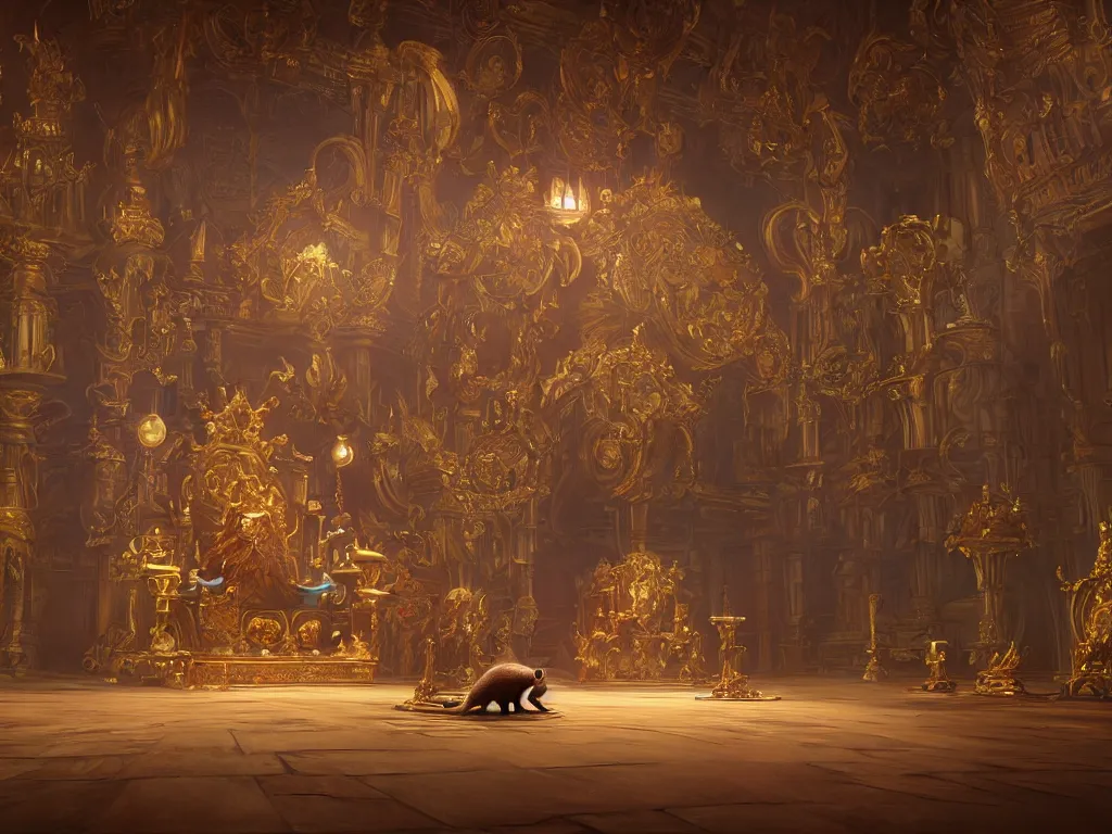 Image similar to scene of throne room where a computer mouse becomes the king of ordinary mice and puts on the crown, highly detailed, sharp focus, cinematic lighting, unreal engine 5, by jeff koons, hajime soryama, boris vallejo, artgerm, greg rutkowski, alphonse mucha