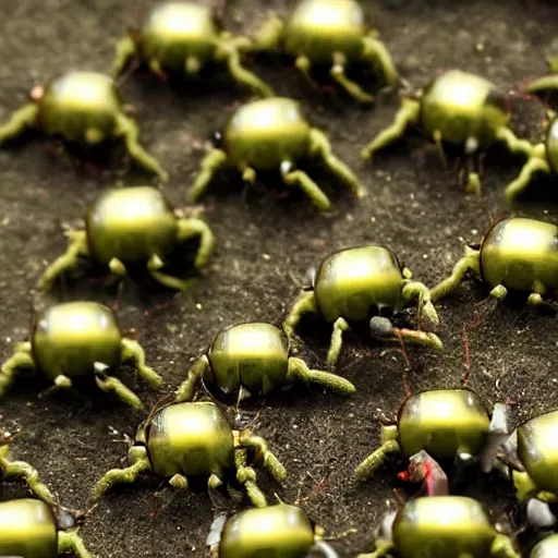 Image similar to army of army of tiny insectoid metallic robots eating a apple