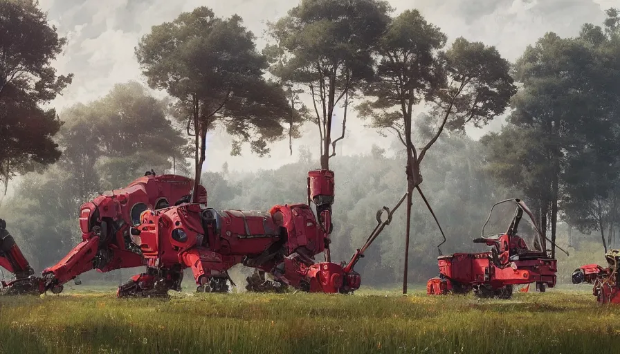 Image similar to a beautiful swedish farm with giant robots, art by jakub rozalski and simon stalenhag, realistic, hyperrealism 8 k resolution