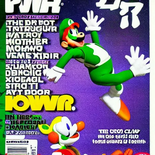 Prompt: nintendo power magazine cover from the 1 9 9 0 s featuring yoshi