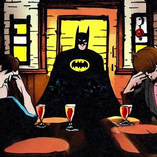 Image similar to batman drunken in a pub